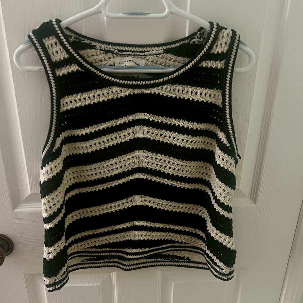 Lucky Brand Black and Cream Striped Sleeveless Crochet Look Pullover, Size Large